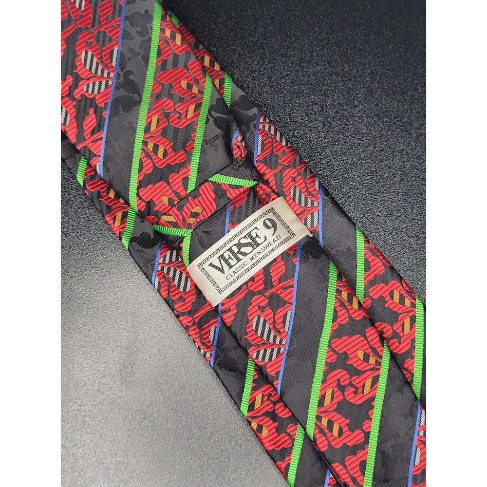 Verse 9 Necktie Black Red Green Blue Floral Stripe Excellent